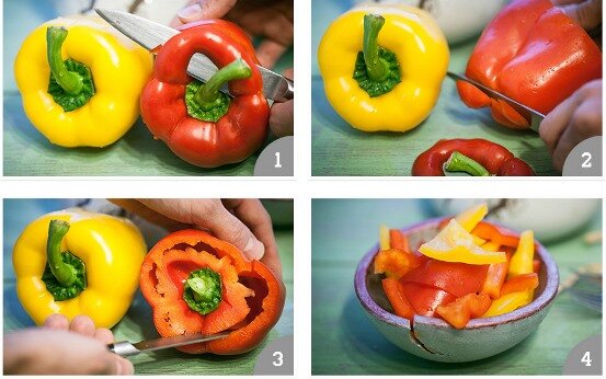 Почистить болгарский перец, казалось бы, что может быть проще – бери и разделывай. Однако если вам надо почистить целое ведро перчиков, то это дело уже не кажется таким простым. Здесь также есть свои нюансы. Возьмите болгарский перец и сверху отрежьте «шапочку», уберите ее, а потом срежьте немного, чтобы свободно входил палец «хвостик» болгарского перца. Помогая себе пальцем с конца, аккуратно срежьте ножом мембраны и выдавите их вместе со всеми семенами.