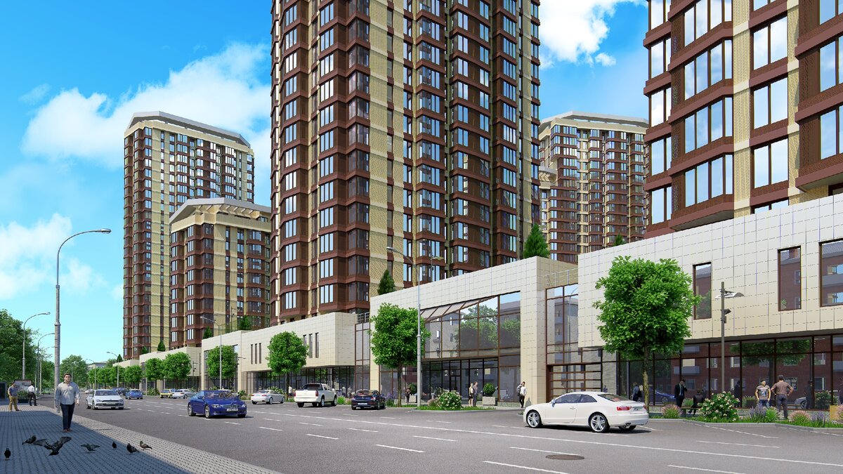 ЖК «Сердце Ростова 2» с ул. Ларина. Вид на торговый центр и дома на первой линии