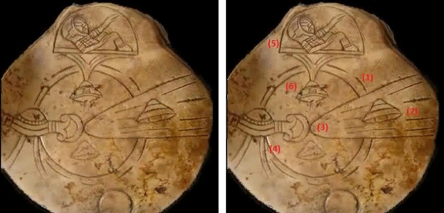 Каменные диски с изображёнными на них инопланетянами.