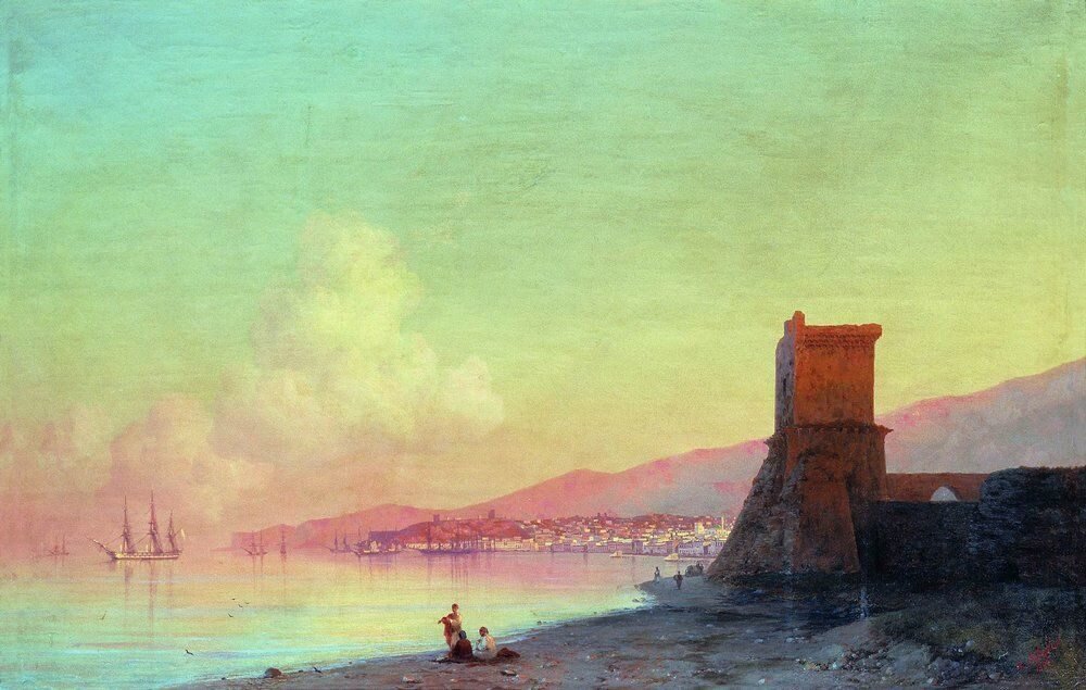 Так выглядела башня Константина в 1852 году. Картина И. К. Айвазовского. "Феодосия. Восход солнца"
