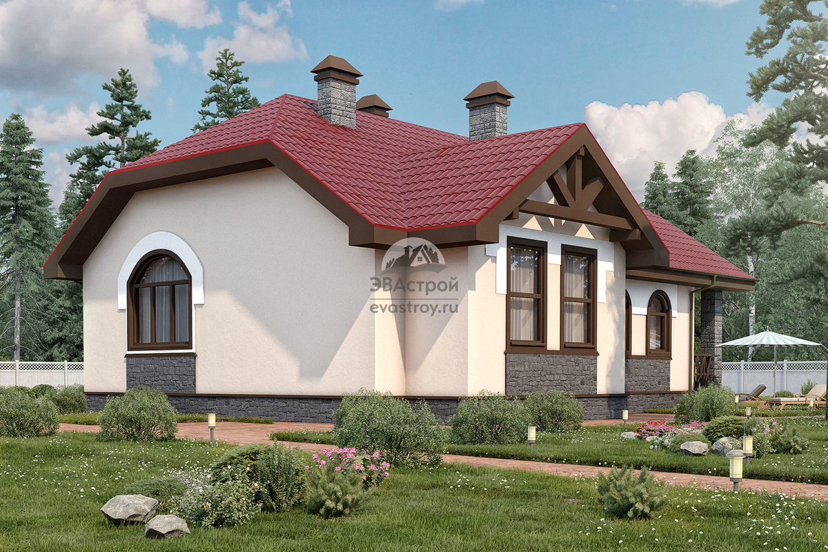 Проект одноэтажного дома 103.9 м2 с эркером и крыльцом - KVR-14