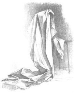 Натурная постановка: Драпировка. Фон нейтральный. Освещение верхнее боковое.