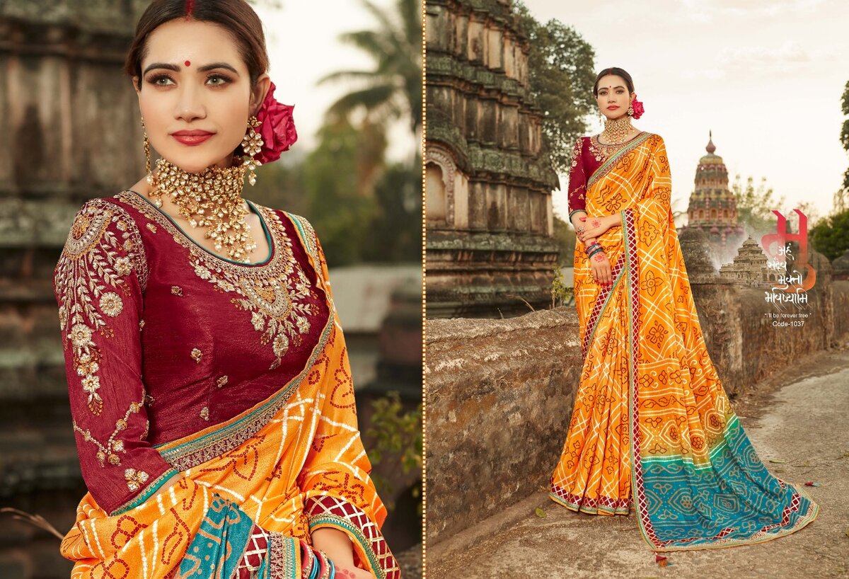 Источник фото: https://www.krishnacreation.co.in/portfolio/bandhej-vol-9-by-kessi-dola-silk-embroidery-bandhani-style-printed-fancy-saree-wholesale/