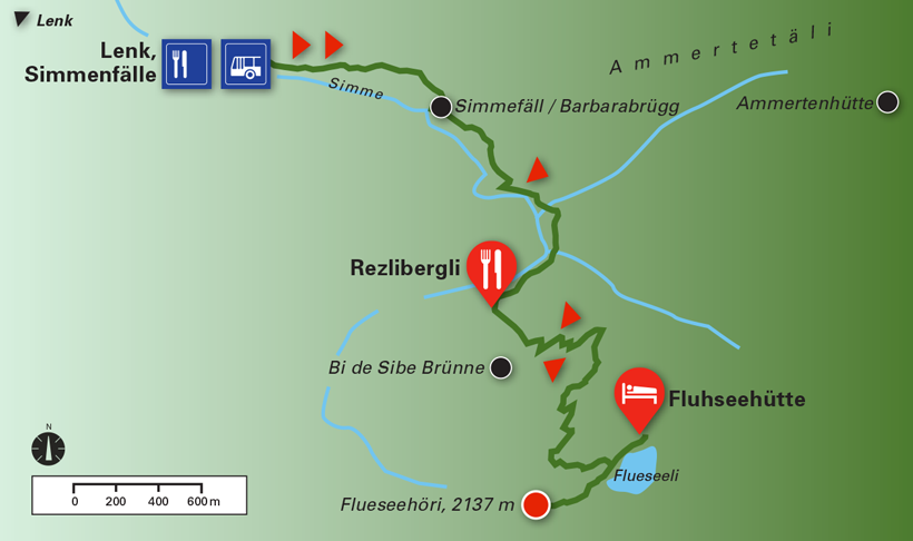 Наш маршрут был от Simmefäll до Flueseeli. Карта с сайта https://wegwandern.ch/listing/simmenfaelle-fluhseehuette-flueseeli-flueseehoeri-wanderung-wandern/