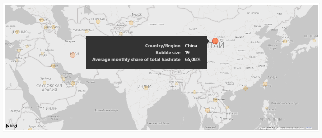 Карта распределения хэшрейта BTC по странам. Данные: Кембриджский центр альтернативных финансов