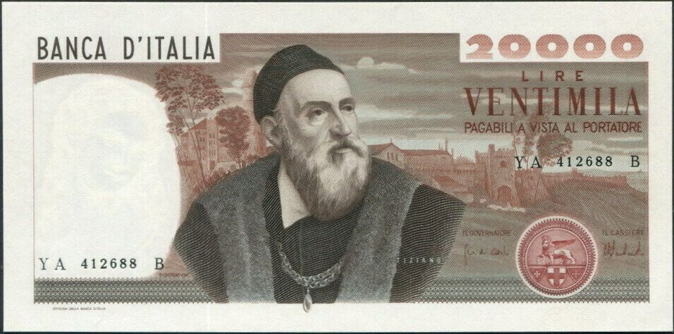 Италия 20000 лир 1975 года, аверс. Тициан панорама города, герб Венеции (со львом святого Марка). Идеальное состояние. Вещь раритетная, недешёвая, не каждый может себе позволить приобрести подобный экземпляр.