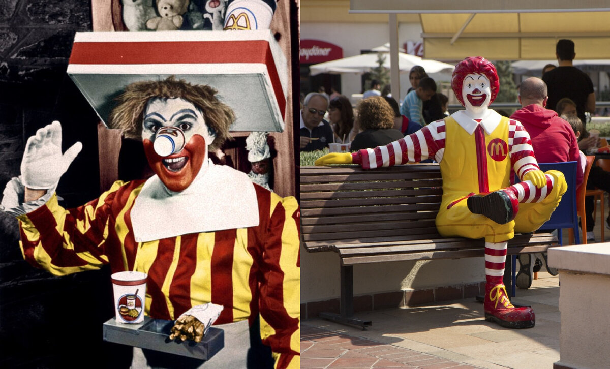 Клоун Рональд в 1963 году и в наше время. Фото из интернета.