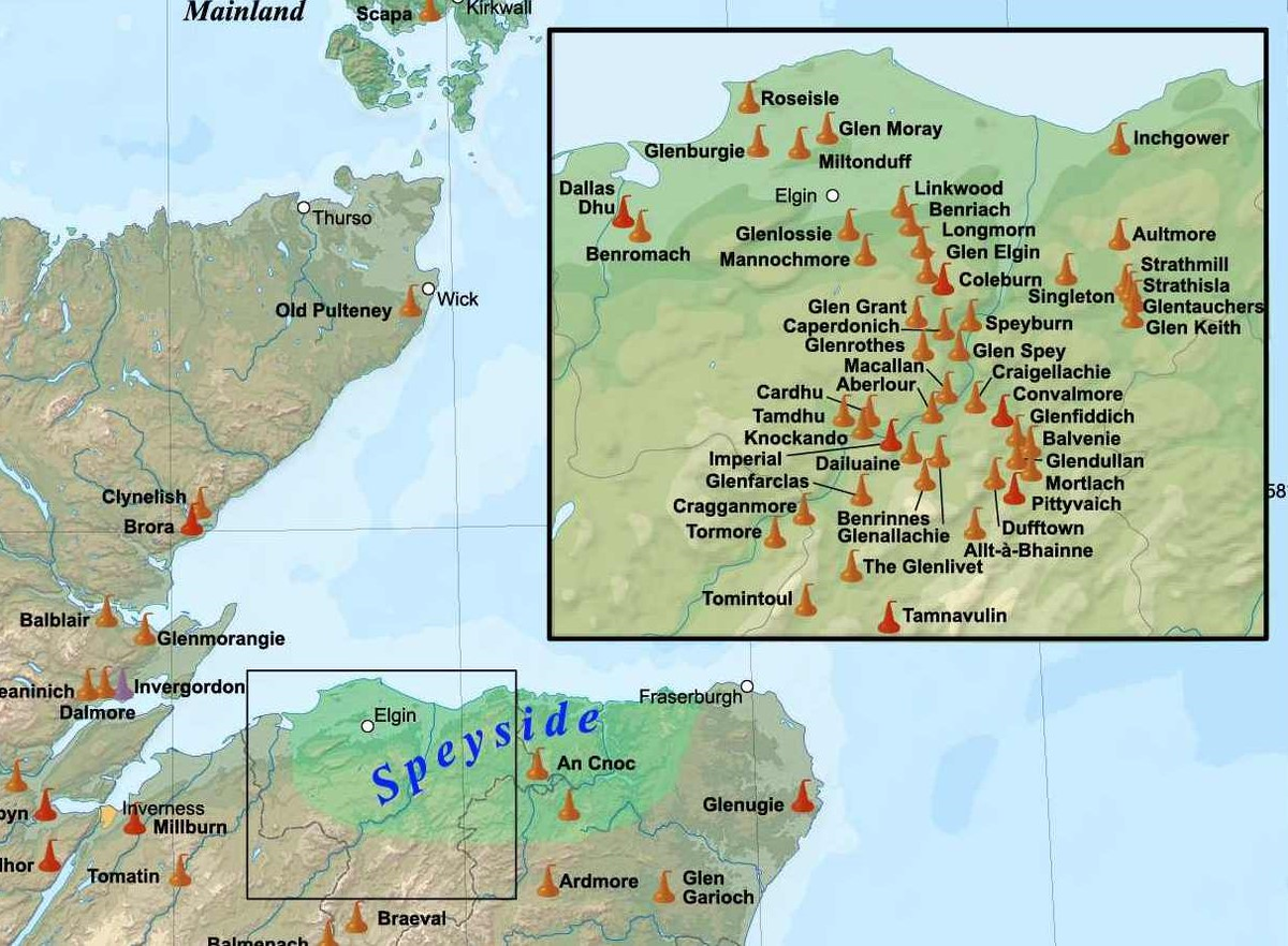 Карта вискокурен Speyside.