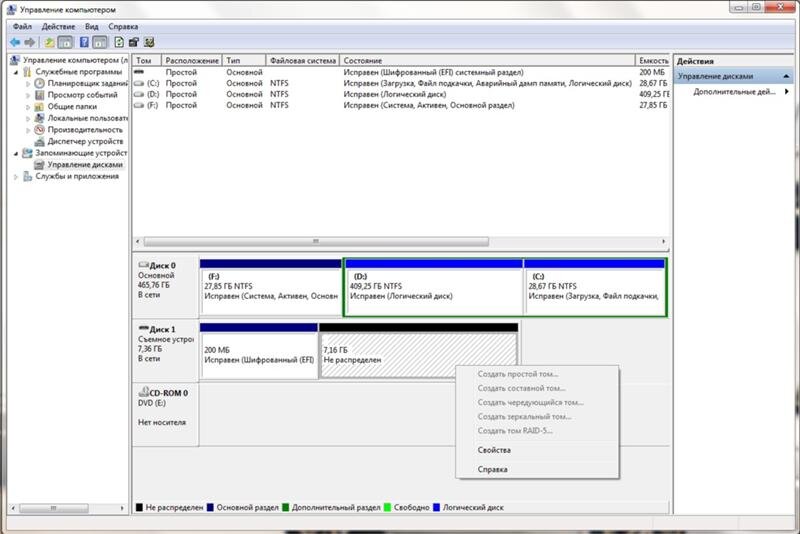 Не распределено пространство на USB-накопителе. Эта ситуация обычно наблюдается, если флешка подключена (о чем сигнализирует звуковой сигнал и соответствующий значок на панеле задач в правом нижнем углу), но её содержимое не отображается. Сама флешка тоже может быть не видна или же может выскакивать сообщение с надписью: «Вставьте диск в устройство...» Решение: одновременным нажатием Windows+R вызываем меню Выполнить , после чего в открывшемся окне вводим diskmgmt.msc

Затем откроется приложение Управление дисками, где черным цветом будет выделено нераспределенное пространство проблемного накопителя. Жмём по нему правой кнопкой мыши и выбираем в выпадающем меню пункт Создать простой том...Откроется Мастер создания простых томов. В нем все время нажимаем Далее. На одном из окон при запросе выбора файловой системы указываем NTFS, при желании можно выбрать и другую файловую систему, но как показывает практика. На последнем этапе нажимаем Готово. Ожидаем пока Мастер создания простых томов закончит свою работу. Особенность в том, что у него нет индикатора прогресса и можно подумать что ничего не происходит. Тут следует набраться терпения и подождать, пока все закончится и на экране появится следующее сообщение:
Теперь вы можете начать записывать нужные данные на флешку.