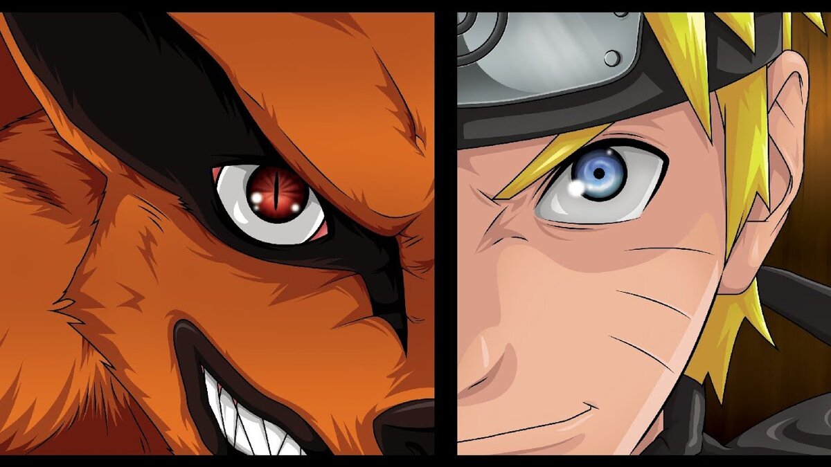 Курама(Демон) слева, Наруто справа.