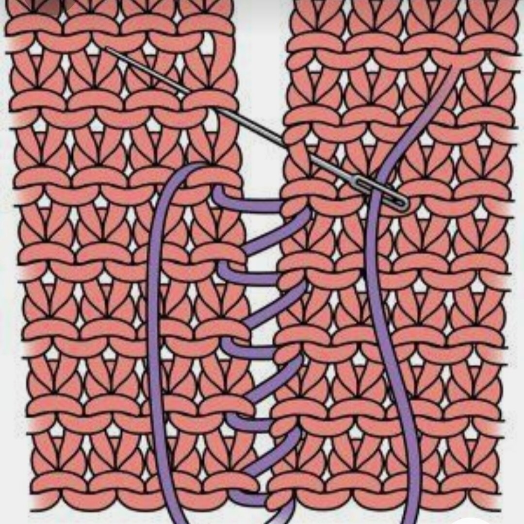 Соединение вязания. Трикотажный матрасный шов. Матрасный шов в вязании спицами. Матрасный шов петля в петлю. Сливание вязаных деталей.