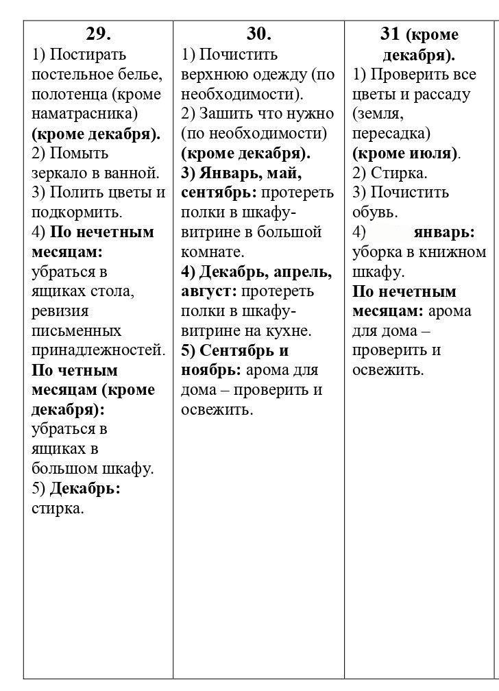 Календарь уборки на декабрь