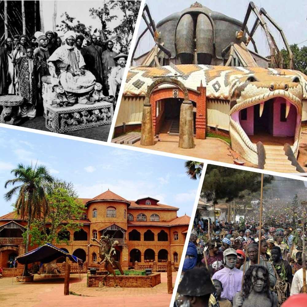 Слева - султан (король) Ибрагим Нджойя и Королевский дворец Фумбана. Справа - Королевский музей Фумбана. Нгуон-фестиваль.