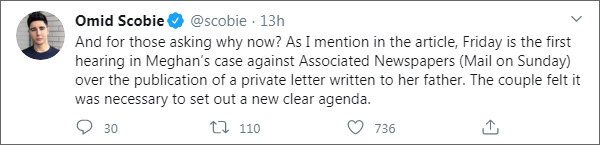 «Для тех, кто спрашивает: почему именно сейчас? Как я упоминаю в статье [статья о разрыве отношений герцогов Сассекских с таблоидами — в Harper’s BAZAAR], в пятницу состоится первое слушание по делу Меган против Associated Newspapers (Mail on Sunday) по поводу публикации частного письма, написанного ее отцу. Пара чувствовала, что необходимо изложить новую четкую повестку дня».
Из твиттера Омида Скоби (https://twitter.com/scobie)