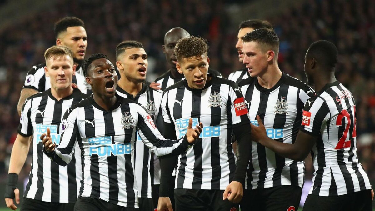"ньюкасл" празднует забитый гол.