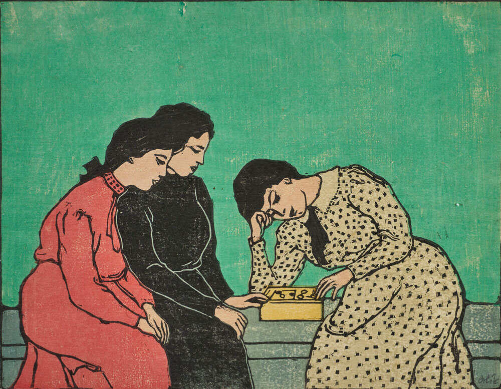 Эмиль Орлик "Три девушки за настольной игрой", цветная ксилография,  c. 1907 г.