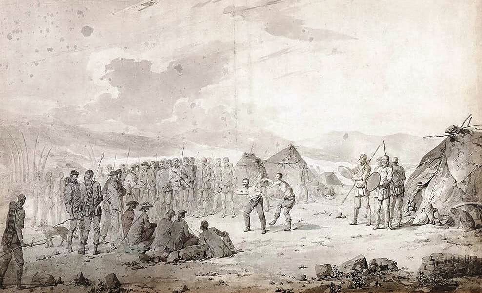 Встреча капитана Кука с чукчами в 1778 г. на рисунке Джона Уэббера — английского художника, сопровождавшего Д. Кука в его третьей кругосветной экспедиции (Национальный морской музей, Гринвич, Лондон | Лицензия: CC BY-NC-ND)