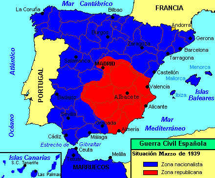 Территории Испании, подконтрольные националистам и республиканцам на начало 1939 года.