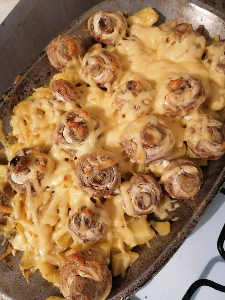 Картофель с грибами, курицей и сыром в духовке