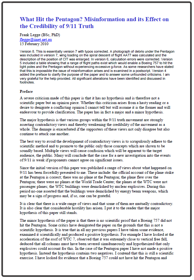 Первая страница статьи Legge F. "What Hit the Pentagon (Misinformation and its Effect on the Credibility of 9-11 Truth)" 2009
