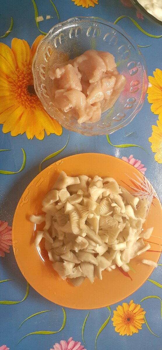 Грибы можно взять любые ,в данном случае ,у меня грибы "вешенки". Я взяла пол кур. грудки, а Вы берите больше если хотите.