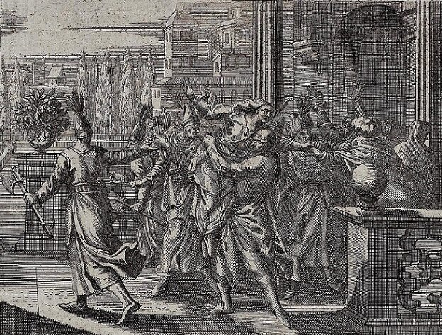 А это картина, изображающая как Ибрагиму однажды взумалось похитить дочь одного уважаемого шейха. Это было политически недопустимым поведением. Но еще хуже было то, что потом Ибрагим прислал её обратно.