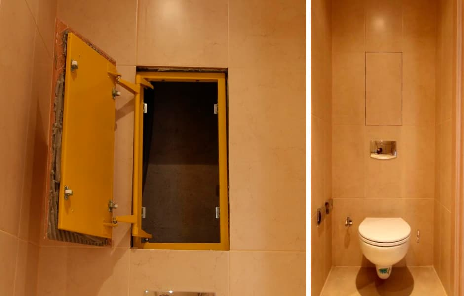 Стальной люк под плитку «Формат» производства «ППК «Практика». Чтобы сделать проем полностью незаметным, необходимо засиликонить люк в цвет затирки плитки – это также защитит сантехническую нишу от проникновения пыли и влажности при отсутствии уплотнителя по периметру рамы люка.