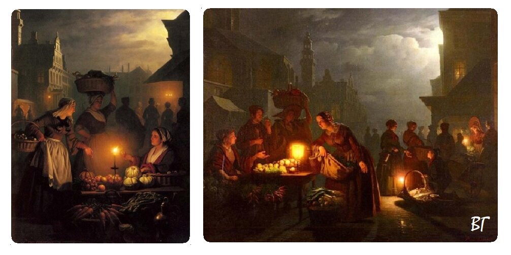 Сцены уличной торговли при свете свечей