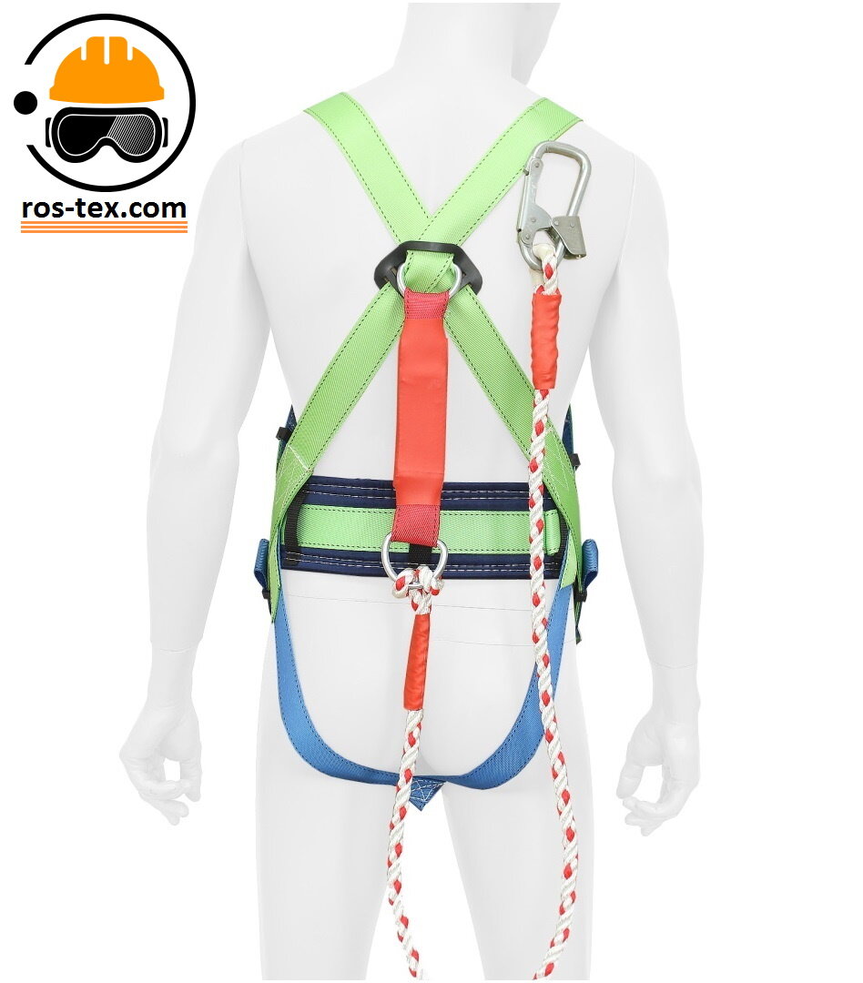 Страховочная система с наплечными и набедренными лямками со стропом из полиамидного каната с амортизатором.