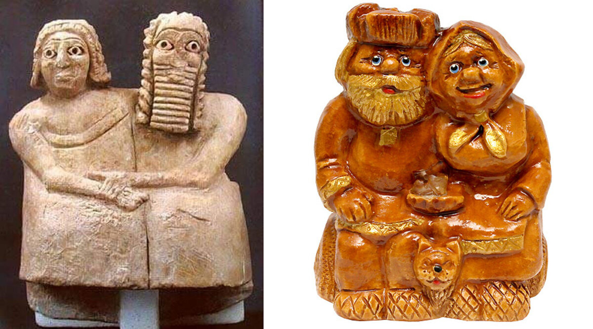 Фото Яндекс Картинки.  Первое изображение статуэтки шумер, мужчина и женщина. Второе - традиционное изображение Деда и Бабки в русских сказках. Вы замечаете, единство традиции? У кого из народов такое же? Вот откуда истоки шумер.