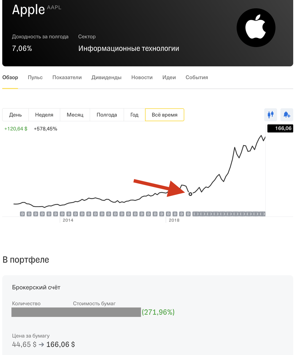 Рост акций Apple в моем портфеле составляет 272%