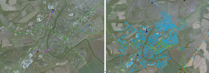 Дорожная сеть Мценска «до» и «после» обработки новости с использованием систем RoadNetworkBuilder и Анализа транспортных сетей