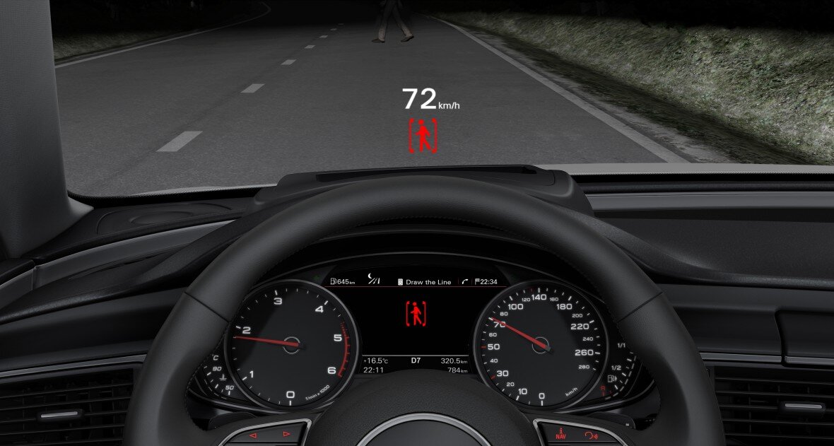 [caption id="attachment_3696" align="aligncenter" width="1180"] HUD в сочетании с системами безопасности Audi также может быстро предупредить нас о безрассудных пешеходах.[/caption]