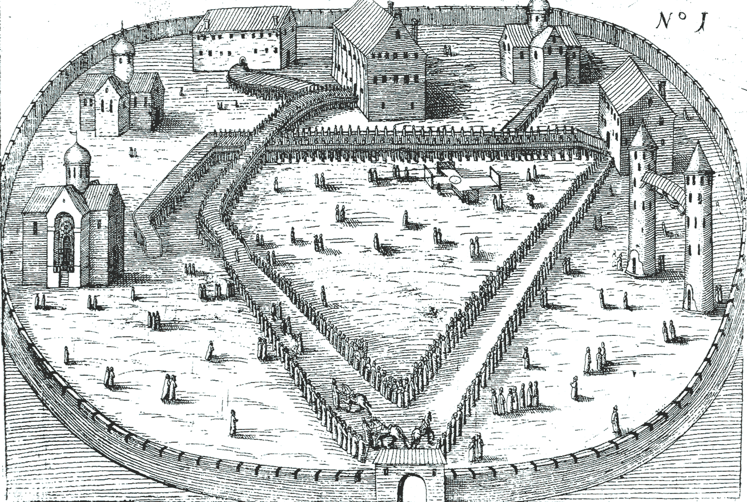 Александровская слобода. Гравюра из книги Я. Ульфельдта "Путешествие в Россию".