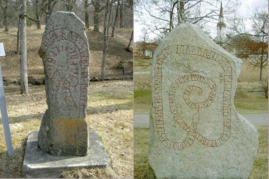 Слева: камень в Берге, Скультуна, Швеция; Справа: камень из Грипсхольма, Седерманланд, Швеция