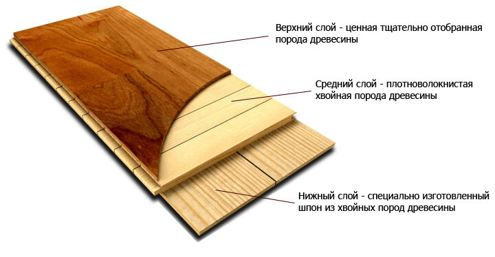 Нижний слой - цельный элемент дерева, чаще всего хвойных пород. Так же укладывается перпендикулярно предыдущему слою