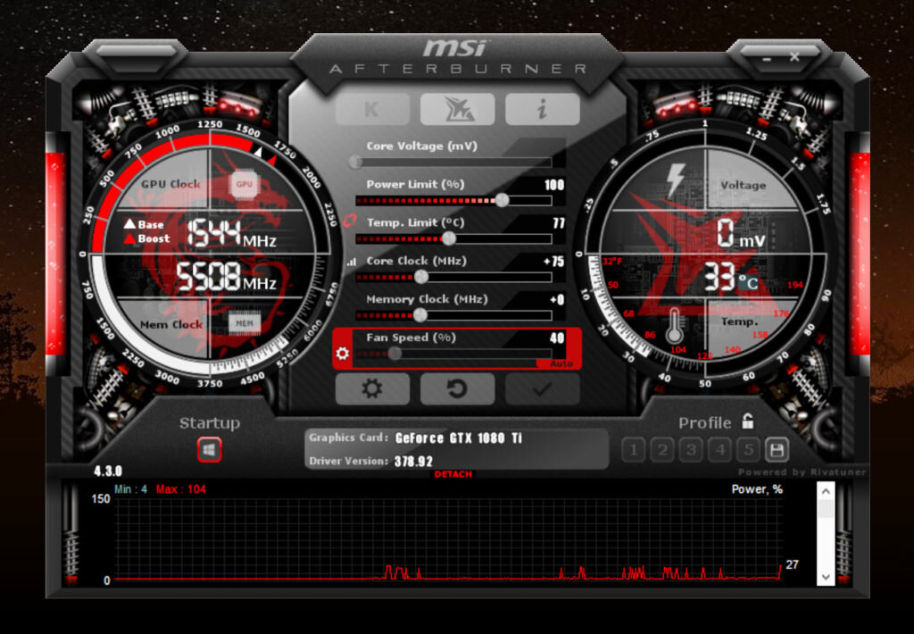 Интерфейс программы MSI Afterburner.