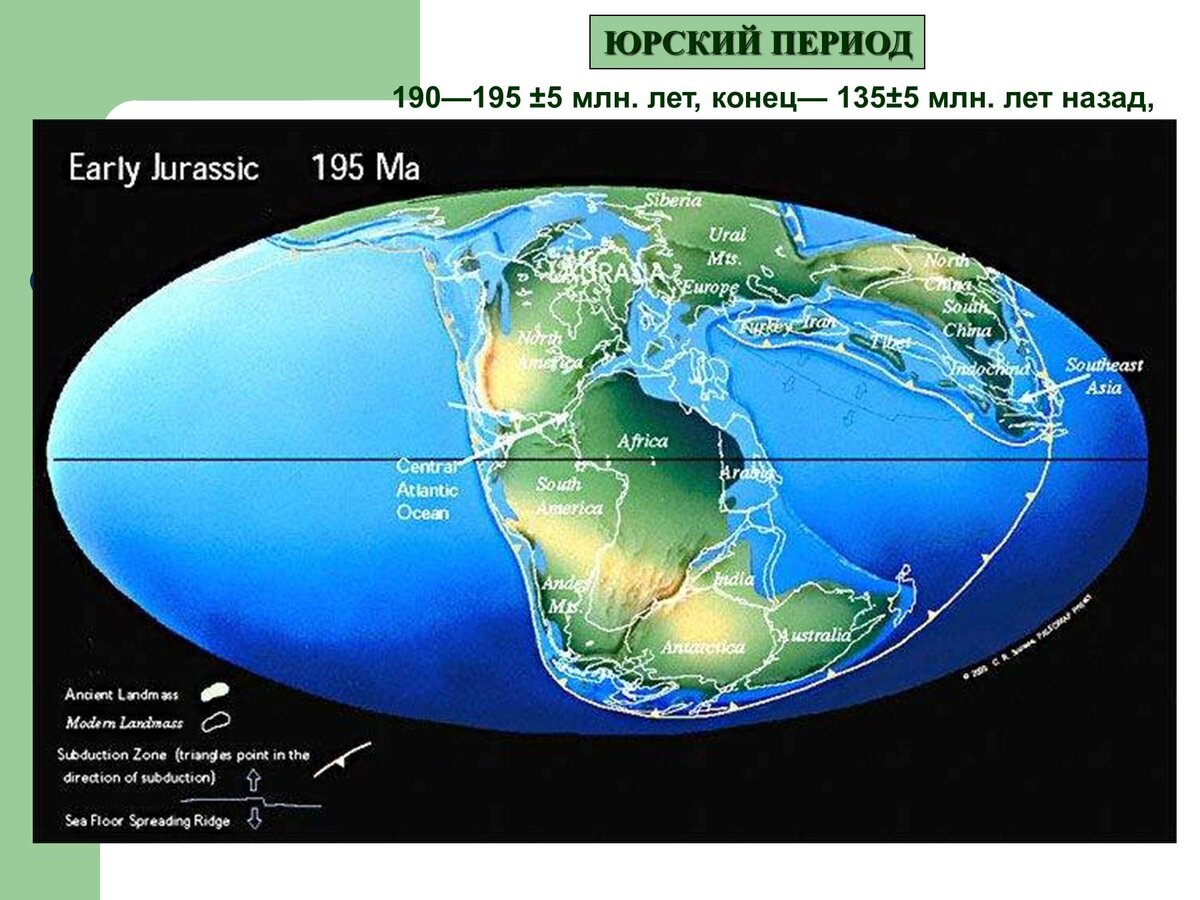 Очертания материков Юрского периода.