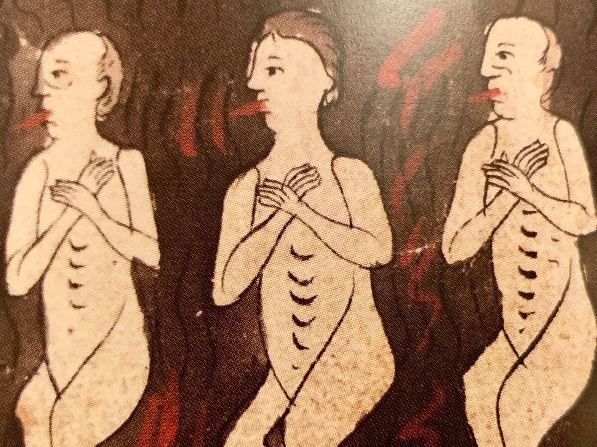 Иллюстрация в книге "Анатомия ада. Путеводитель по древнерусской визуальной демонологии"."Мука гневливых и злопамятных - грешников поедает "червь неусыпаемый". Сборник, конец XVIII века.