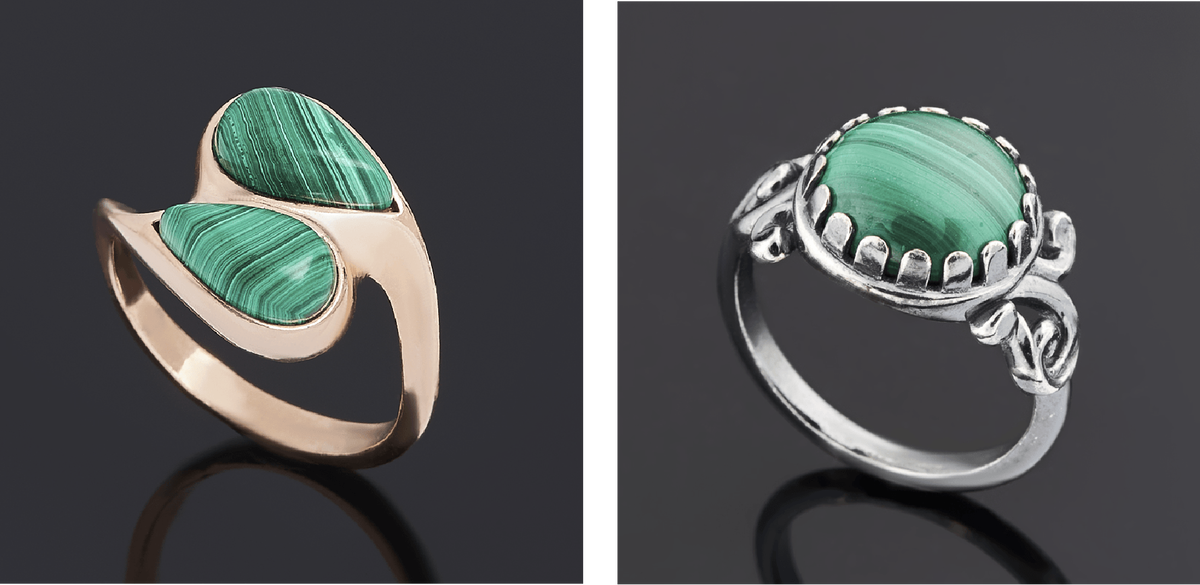 Кольца с малахитом: слева "змейка" с малахитовыми каплями, справа с круглым кабошоном малахита. Источник фото: https://mineralmarket.ru