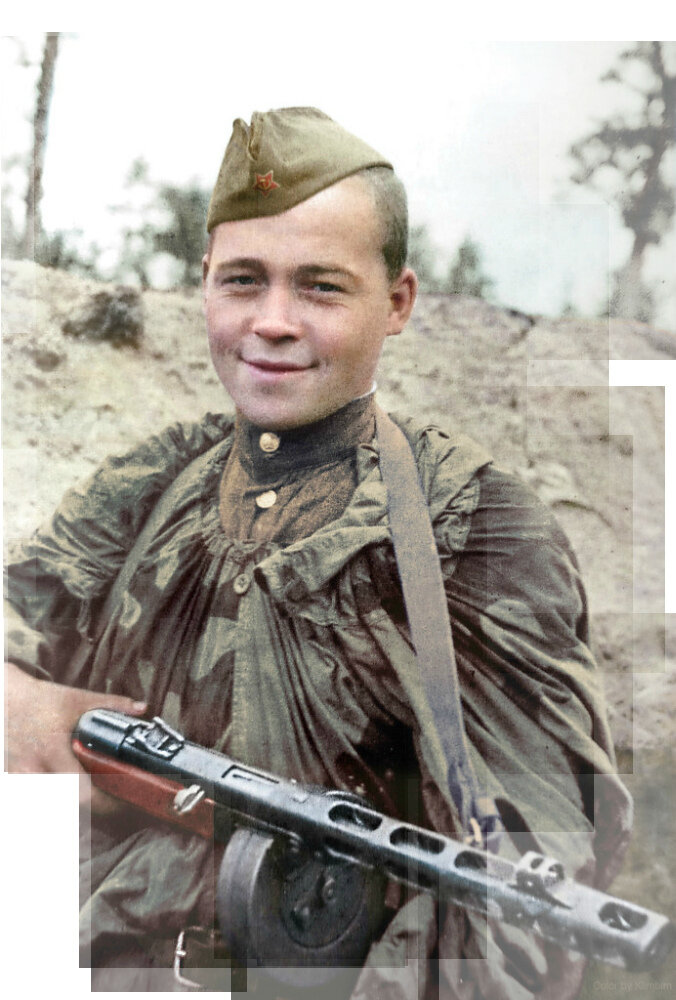 Портрет красноармейца-автоматчика с пистолетом-пулеметом системы Шпагина (ППШ). Автор: Тимофей Мельник. Колоризация: Ольга Ширнина (Klimbim). Фотография использована в качестве иллюстрации.