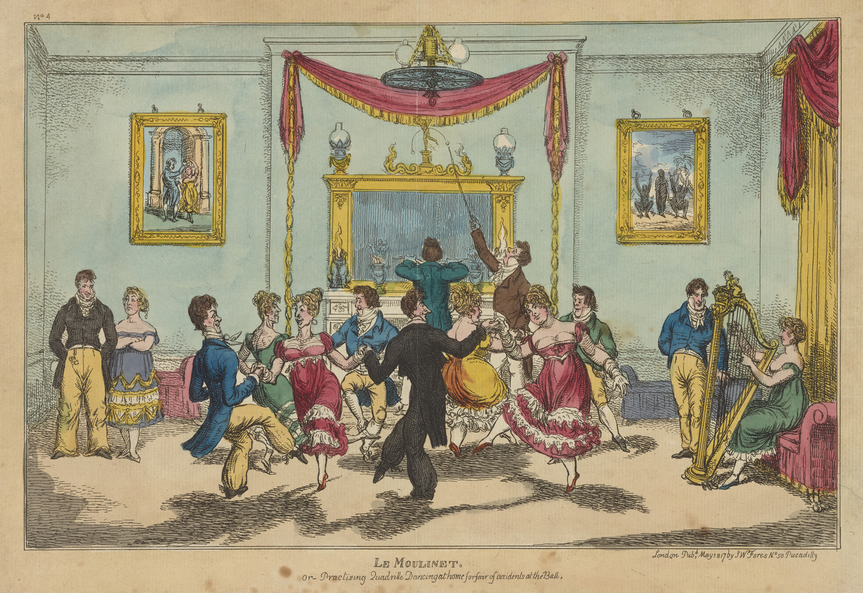 Карикатура "Мулине" - домашняя репетиция фигуры кадрили, чтобы избежать конфуза на балах".  Джордж Крукшенк, 1817 (сс) https://nypl.getarchive.net/