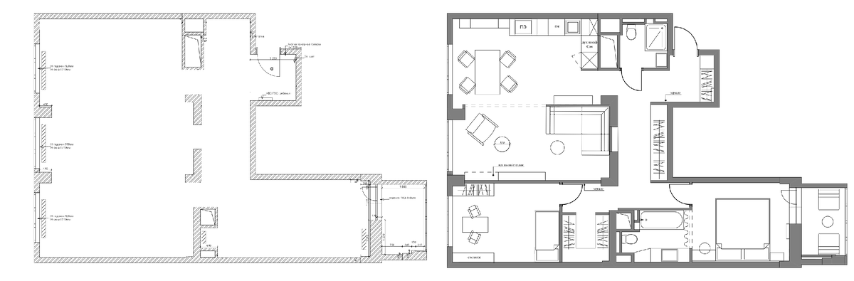 Слева план квартиры до перепланировки . Справа план с утвержденной Заказчицей планировкой