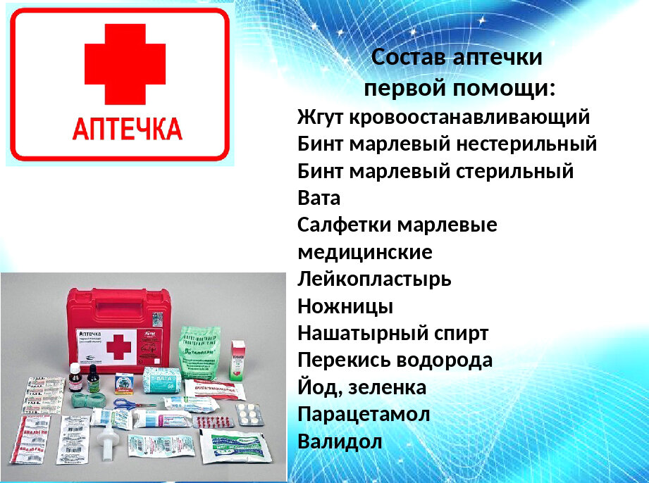 Состав аптечки первой помощи презентация