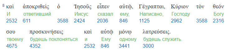 Луки 4:8, подстрочник Винокурова.