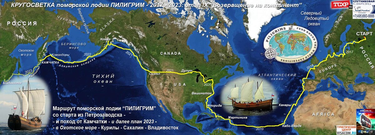 Основной маршрут Кругосветки поморской лодии ПИЛИГРИМ: точками обозначен плановый поход 2023 года