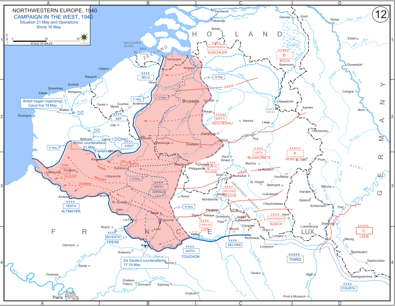 Продвижение к 21 мая 1940 года. Красное - территория, занятая с 16 по 21 мая. 