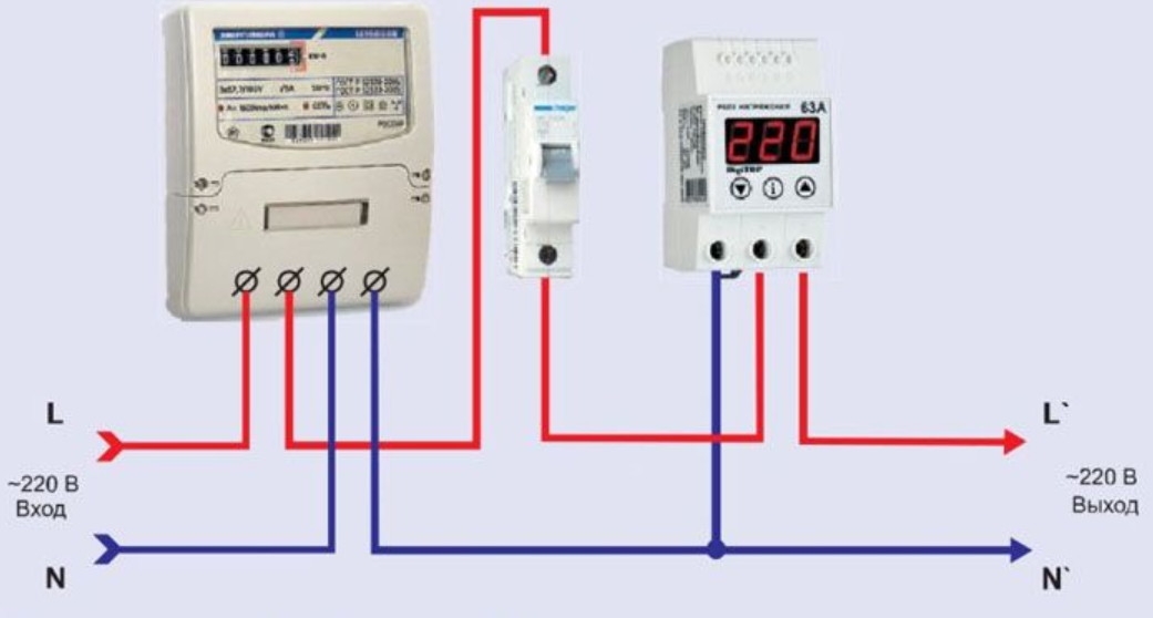 Реле контроля напряжения однофазное схема подключения. Реле напряжение 220 однофазное схема подключения. Схема включения реле напряжения 220в для дома. Схема подключения однофазного реле контроля напряжения 220в.
