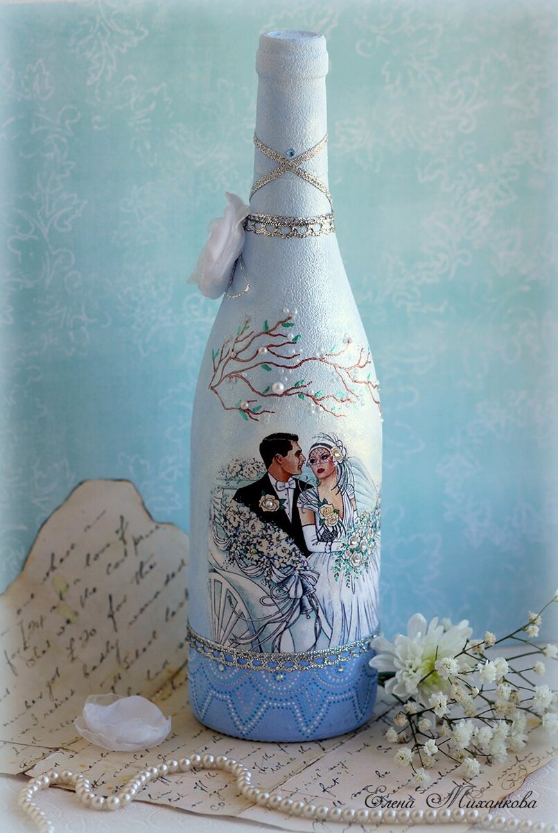 Декупаж свадебных бутылок - 95 фото