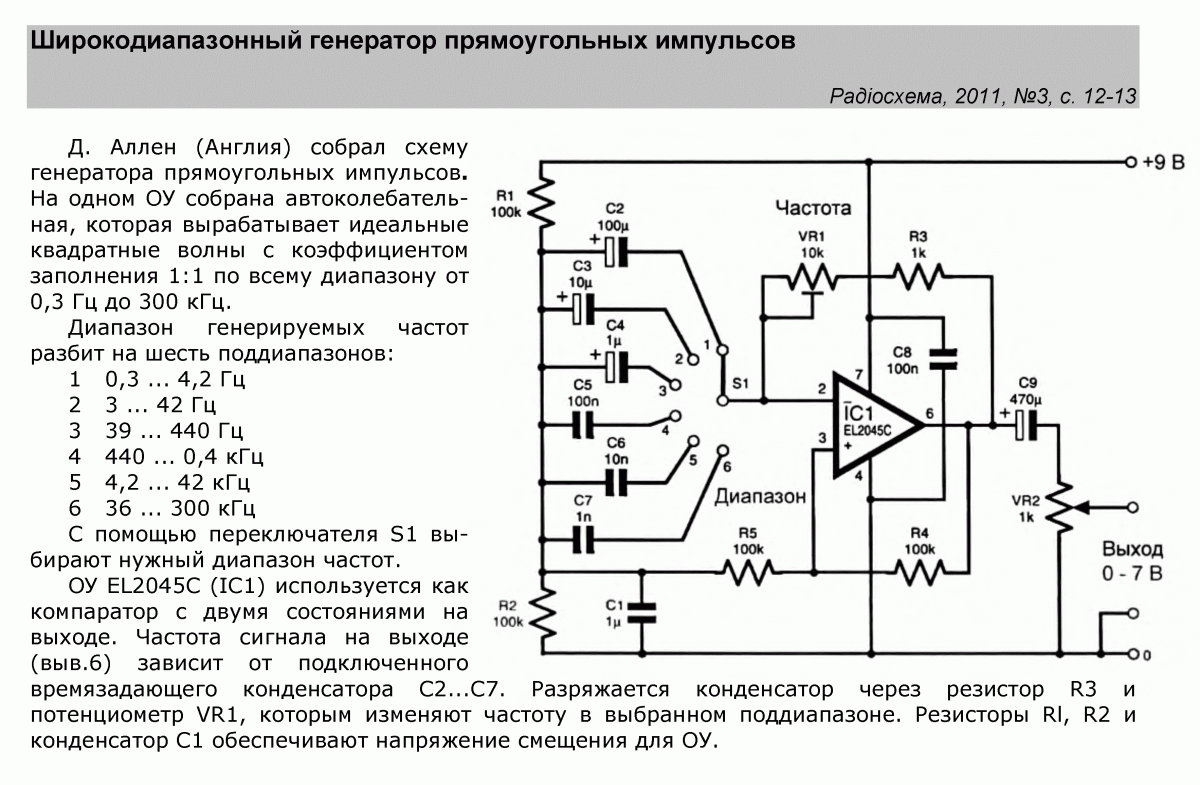 Радиосхемы. Генератор импульсов для проверки операционных усилителей. Схема генератора прямоугольных импульсов на ОУ. Широкодиапазонный Генератор импульсов схема. Lm358 Генератор импульсов схема